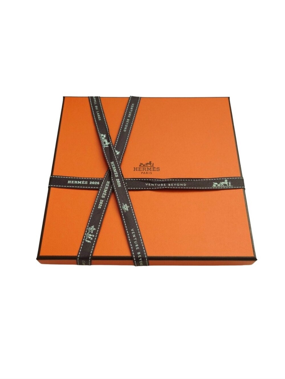 HERMES Authentic Orange Square Scarf Gift Box with Brown Ribbon New